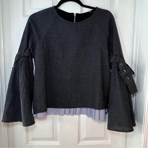 SEA NEW YORK Blouse Top Mixed Media Wool Plaid Cotton Stripe‎ Bell Sleeve Sz M